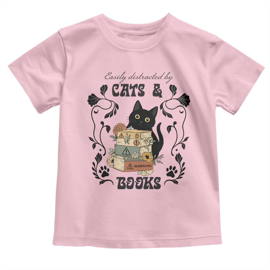 Easily Distracted By Cats And Books Toddler T Shirt Funny Book Kitty Lover TS12 Light Pink Print Your Wear