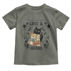 Easily Distracted By Cats And Books Toddler T Shirt Funny Book Kitty Lover TS12 Military Green Print Your Wear