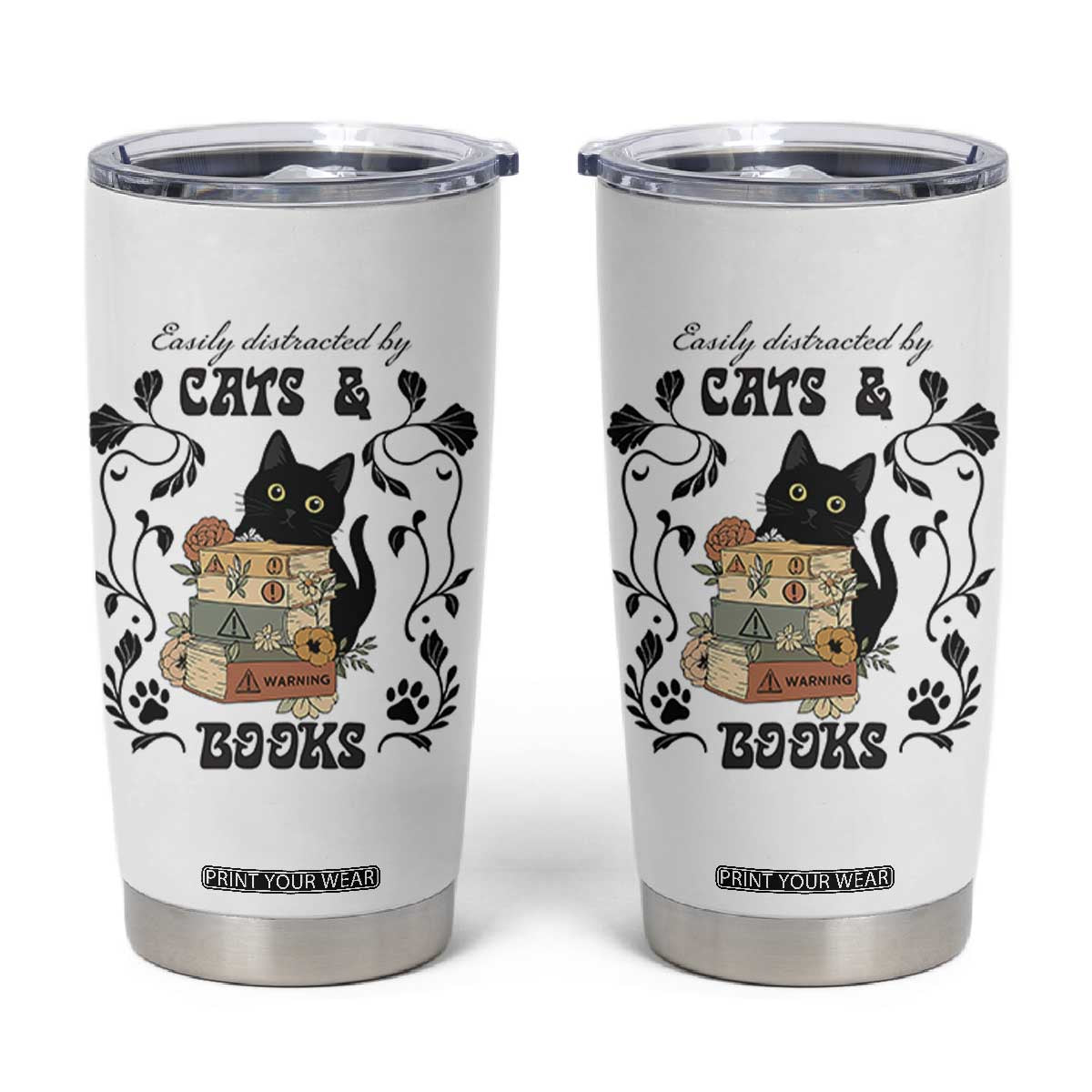 Easily Distracted By Cats And Books Tumbler Cup Funny Book Kitty Lover TS12 White Print Your Wear