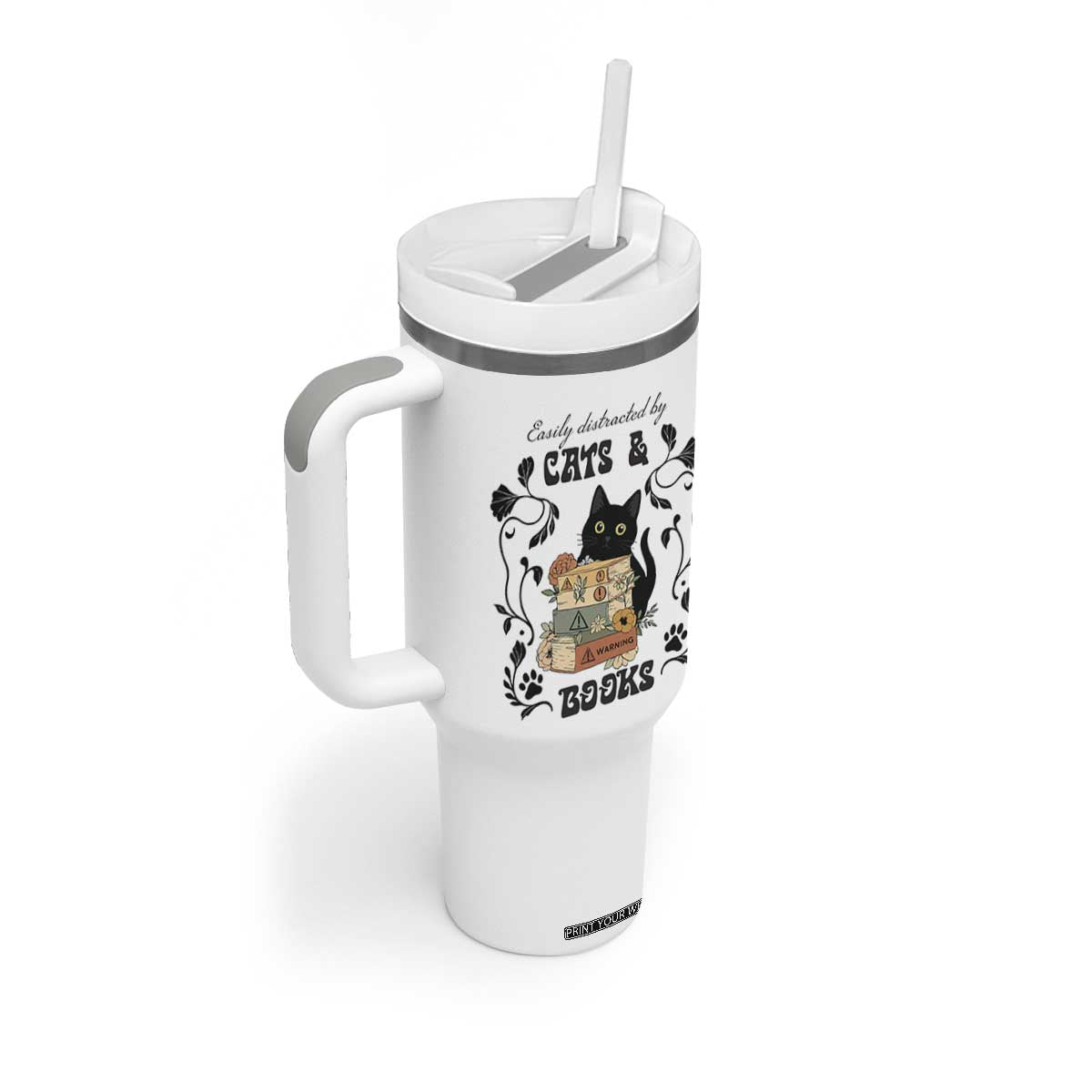 Easily Distracted By Cats And Books Tumbler With Handle Funny Book Kitty Lover TS12 Print Your Wear