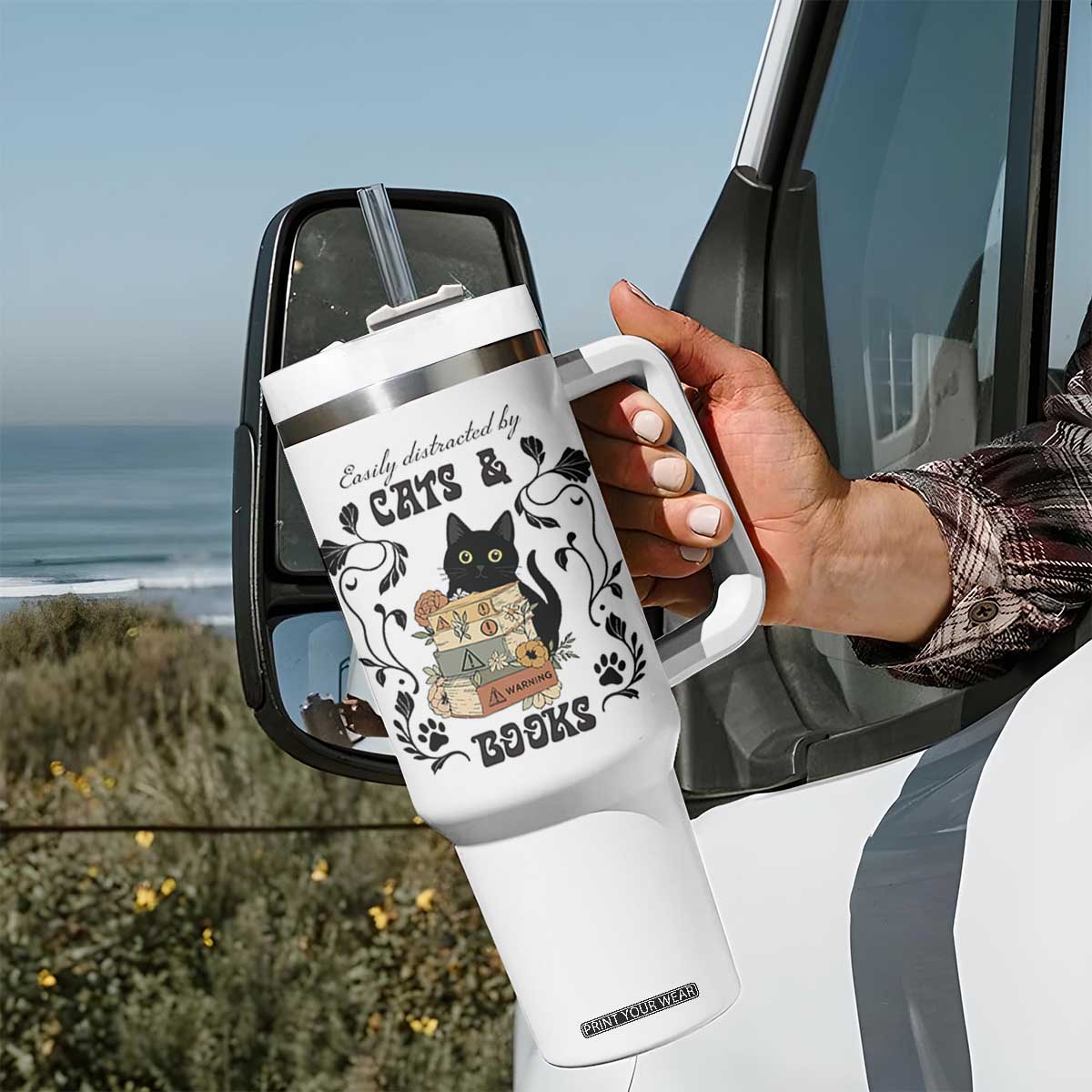 Easily Distracted By Cats And Books Tumbler With Handle Funny Book Kitty Lover TS12 Print Your Wear