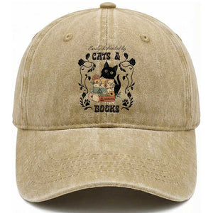 Easily Distracted By Cats And Books Washed Cotton Baseball Cap Funny Book Kitty Lover TS12 Print Your Wear