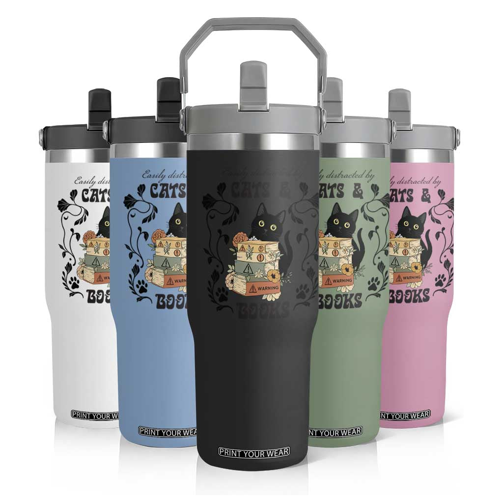 Easily Distracted By Cats And Books Flip Straw Tumbler Funny Book Kitty Lover TS12 Print Your Wear