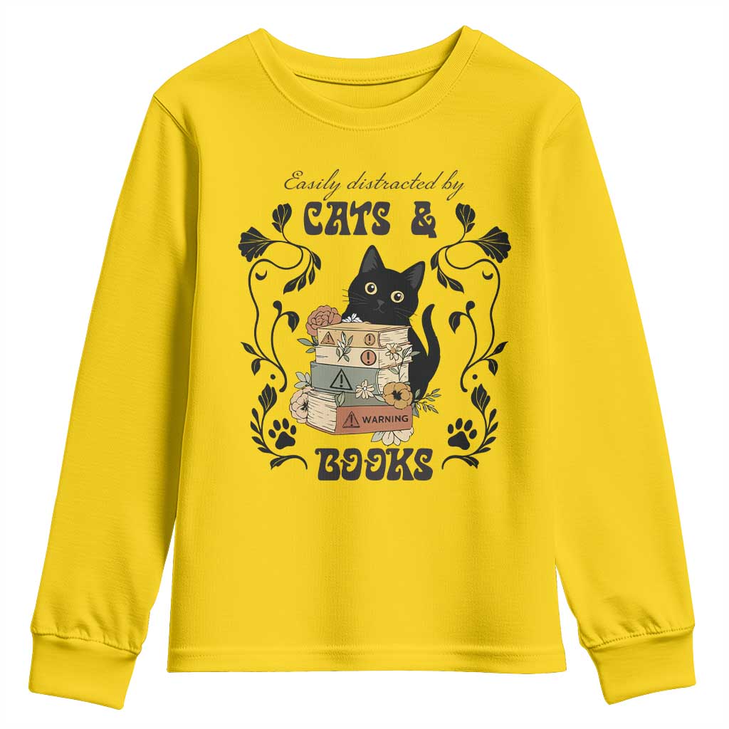 Easily Distracted By Cats And Books Youth Sweatshirt Funny Book Kitty Lover TS12 Daisy Print Your Wear