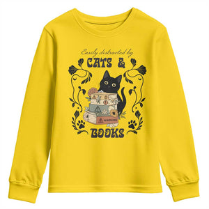 Easily Distracted By Cats And Books Youth Sweatshirt Funny Book Kitty Lover TS12 Daisy Print Your Wear