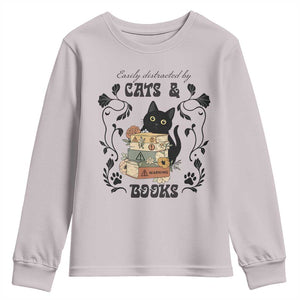 Easily Distracted By Cats And Books Youth Sweatshirt Funny Book Kitty Lover TS12 Ice Gray Print Your Wear