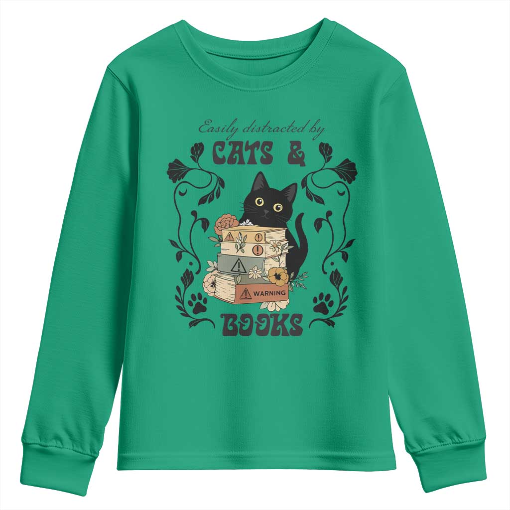 Easily Distracted By Cats And Books Youth Sweatshirt Funny Book Kitty Lover TS12 Irish Green Print Your Wear