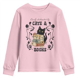 Easily Distracted By Cats And Books Youth Sweatshirt Funny Book Kitty Lover TS12 Light Pink Print Your Wear