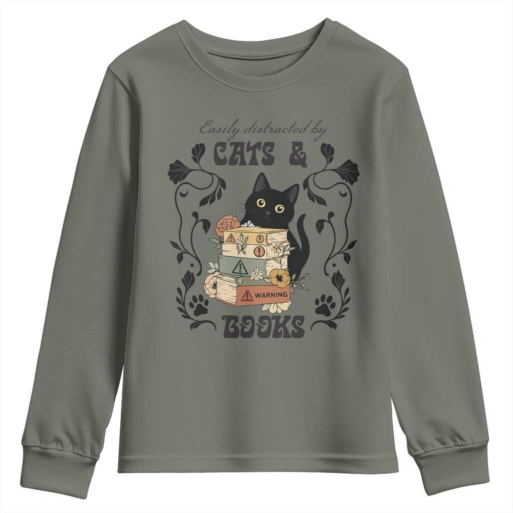 Easily Distracted By Cats And Books Youth Sweatshirt Funny Book Kitty Lover TS12 Military Green Print Your Wear
