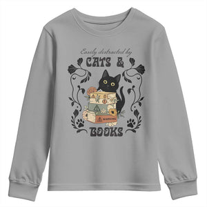 Easily Distracted By Cats And Books Youth Sweatshirt Funny Book Kitty Lover TS12 Sport Gray Print Your Wear