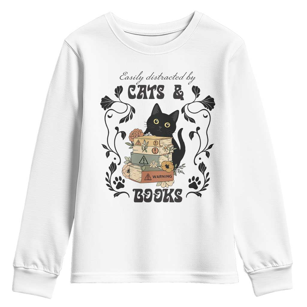 Easily Distracted By Cats And Books Youth Sweatshirt Funny Book Kitty Lover TS12 White Print Your Wear