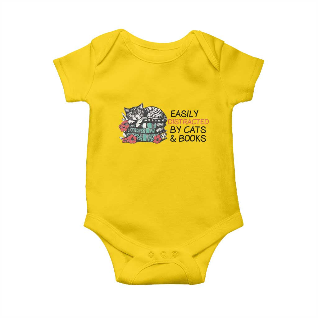 Easily Distracted By Cats And Books Baby Onesie Lazy Kitty Book Lover TS12 Daisy Print Your Wear