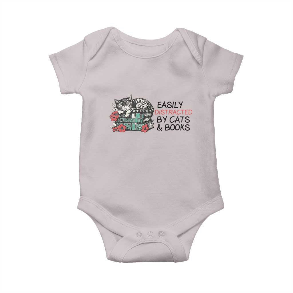Easily Distracted By Cats And Books Baby Onesie Lazy Kitty Book Lover TS12 Ice Gray Print Your Wear
