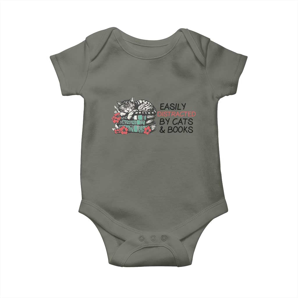 Easily Distracted By Cats And Books Baby Onesie Lazy Kitty Book Lover TS12 Military Green Print Your Wear