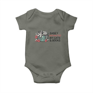 Easily Distracted By Cats And Books Baby Onesie Lazy Kitty Book Lover TS12 Military Green Print Your Wear
