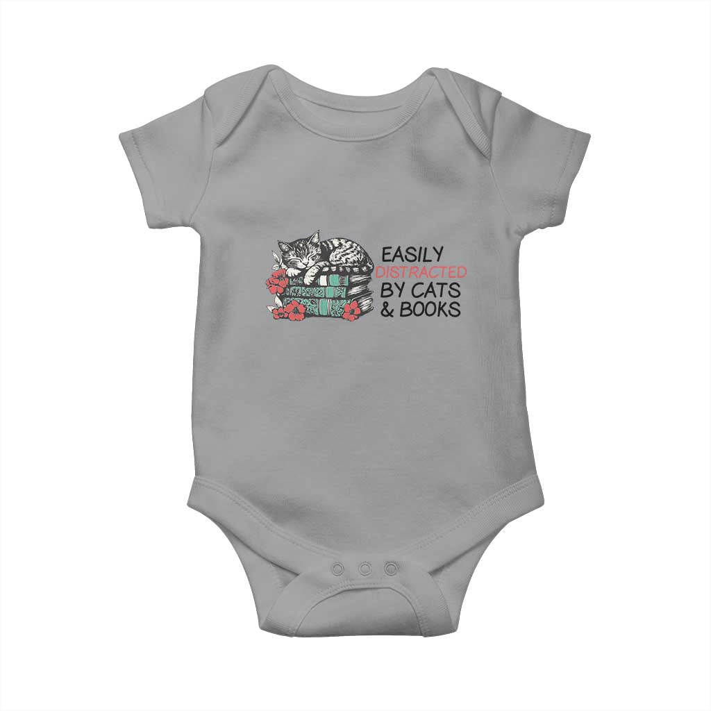 Easily Distracted By Cats And Books Baby Onesie Lazy Kitty Book Lover TS12 Sport Gray Print Your Wear