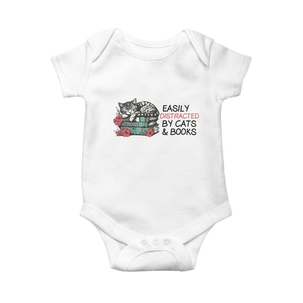 Easily Distracted By Cats And Books Baby Onesie Lazy Kitty Book Lover TS12 White Print Your Wear