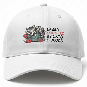 Easily Distracted By Cats And Books Baseball Cap Lazy Kitty Book Lover TS12 Print Your Wear
