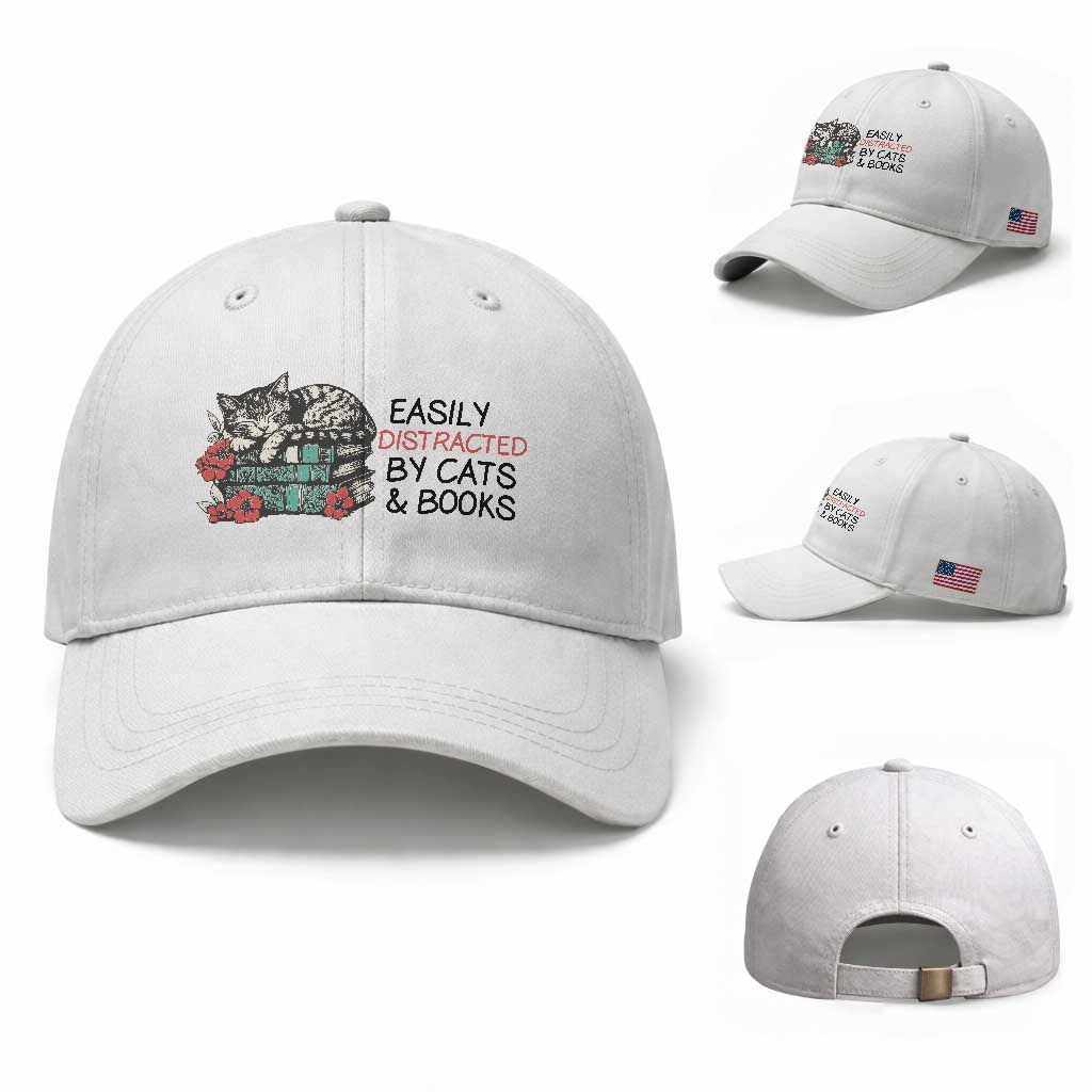 Easily Distracted By Cats And Books Baseball Cap Lazy Kitty Book Lover TS12 Baseball Cap Universal Fit White Print Your Wear