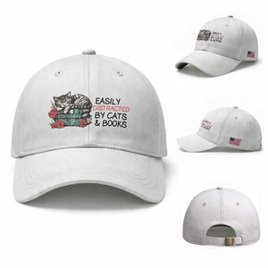Easily Distracted By Cats And Books Baseball Cap Lazy Kitty Book Lover TS12 Baseball Cap Universal Fit White Print Your Wear