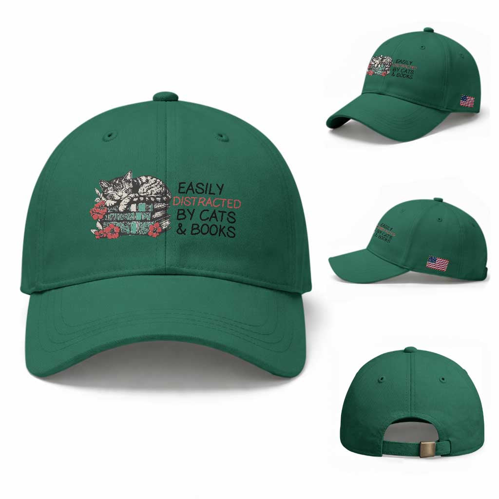 Easily Distracted By Cats And Books Baseball Cap Lazy Kitty Book Lover TS12 Baseball Cap Universal Fit Irish Green Print Your Wear