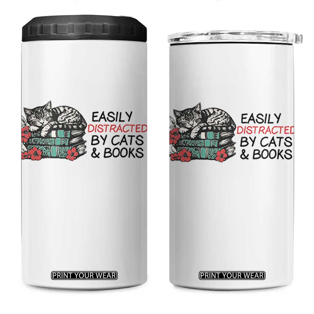 Easily Distracted By Cats And Books 4 in 1 Can Cooler Tumbler Lazy Kitty Book Lover TS12 One Size: 16 oz White Print Your Wear