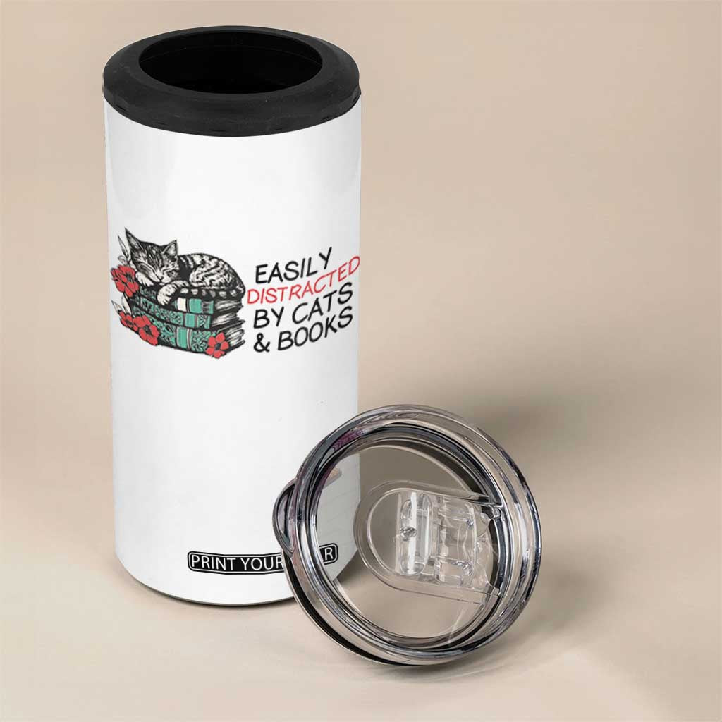 Easily Distracted By Cats And Books 4 in 1 Can Cooler Tumbler Lazy Kitty Book Lover TS12 Print Your Wear
