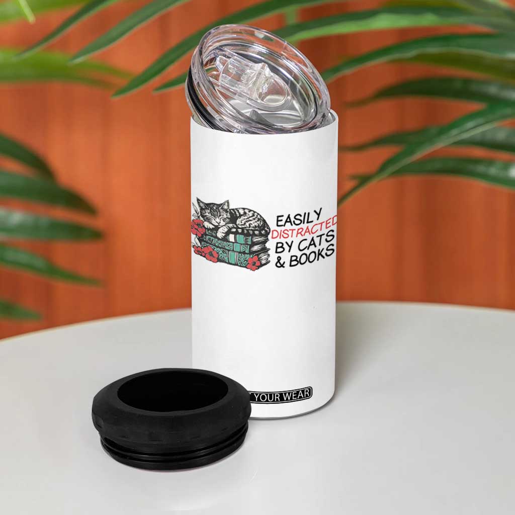 Easily Distracted By Cats And Books 4 in 1 Can Cooler Tumbler Lazy Kitty Book Lover TS12 Print Your Wear