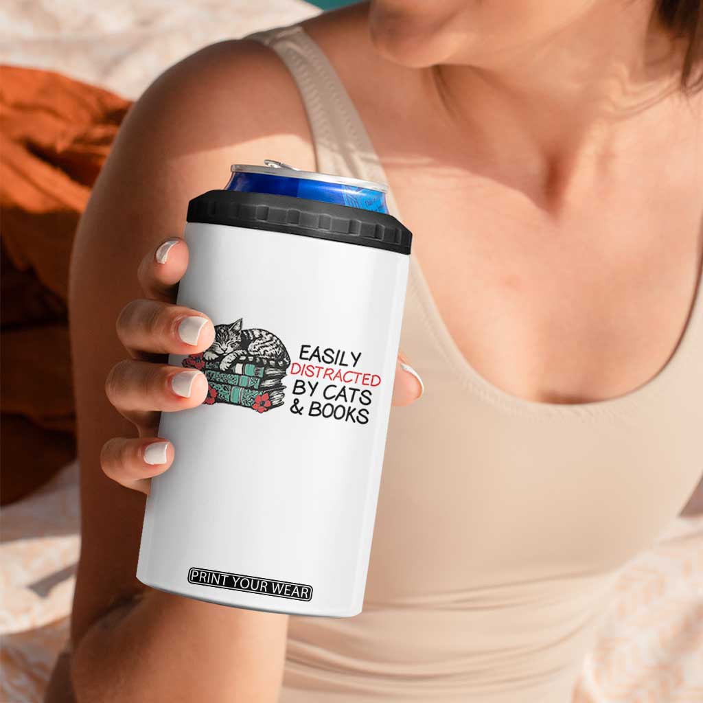 Easily Distracted By Cats And Books 4 in 1 Can Cooler Tumbler Lazy Kitty Book Lover TS12 Print Your Wear