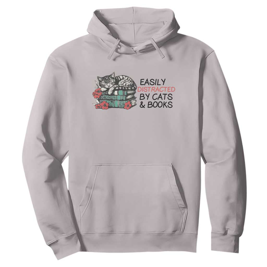 Easily Distracted By Cats And Books Hoodie Lazy Kitty Book Lover TS12 Ice Gray Print Your Wear