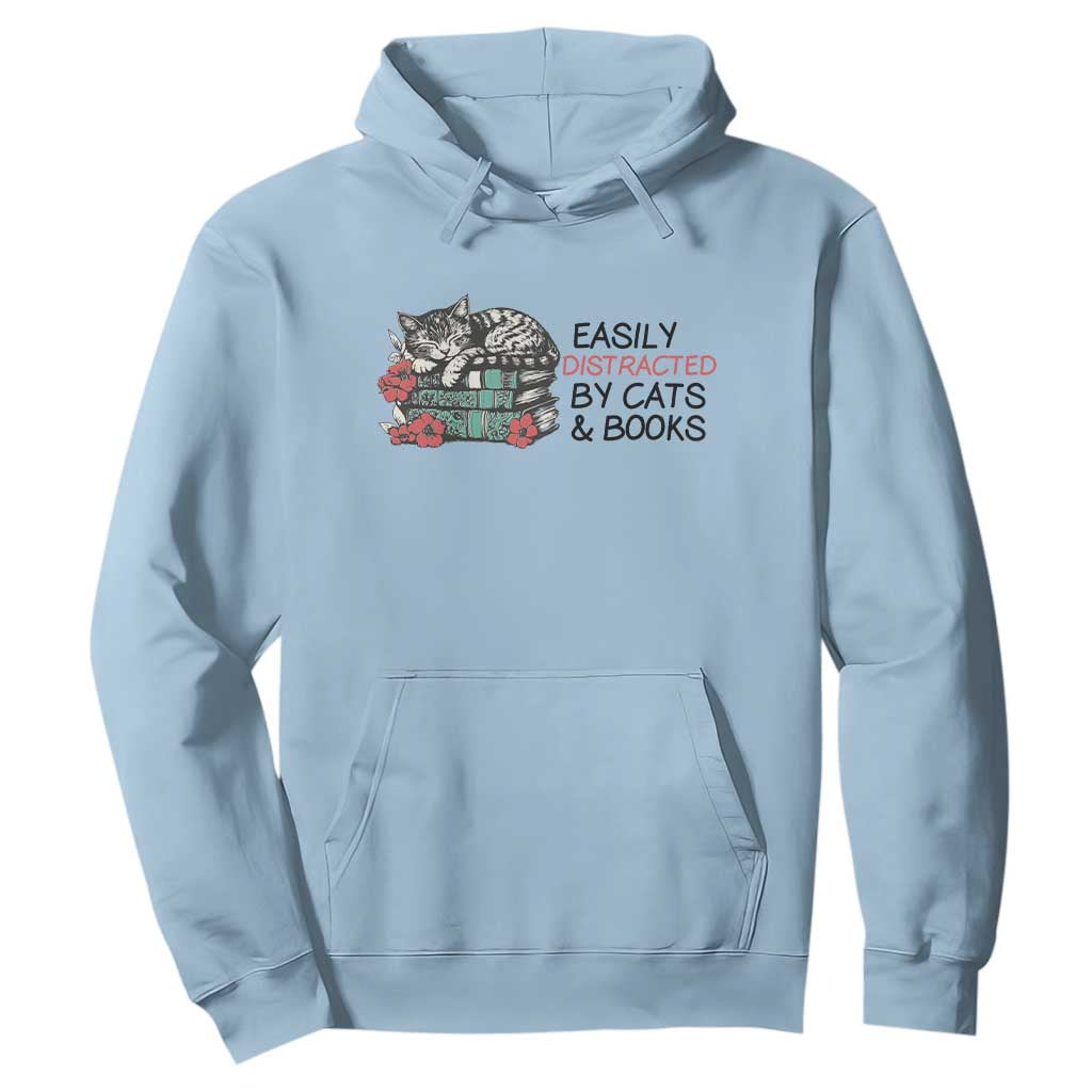 Easily Distracted By Cats And Books Hoodie Lazy Kitty Book Lover TS12 Light Blue Print Your Wear