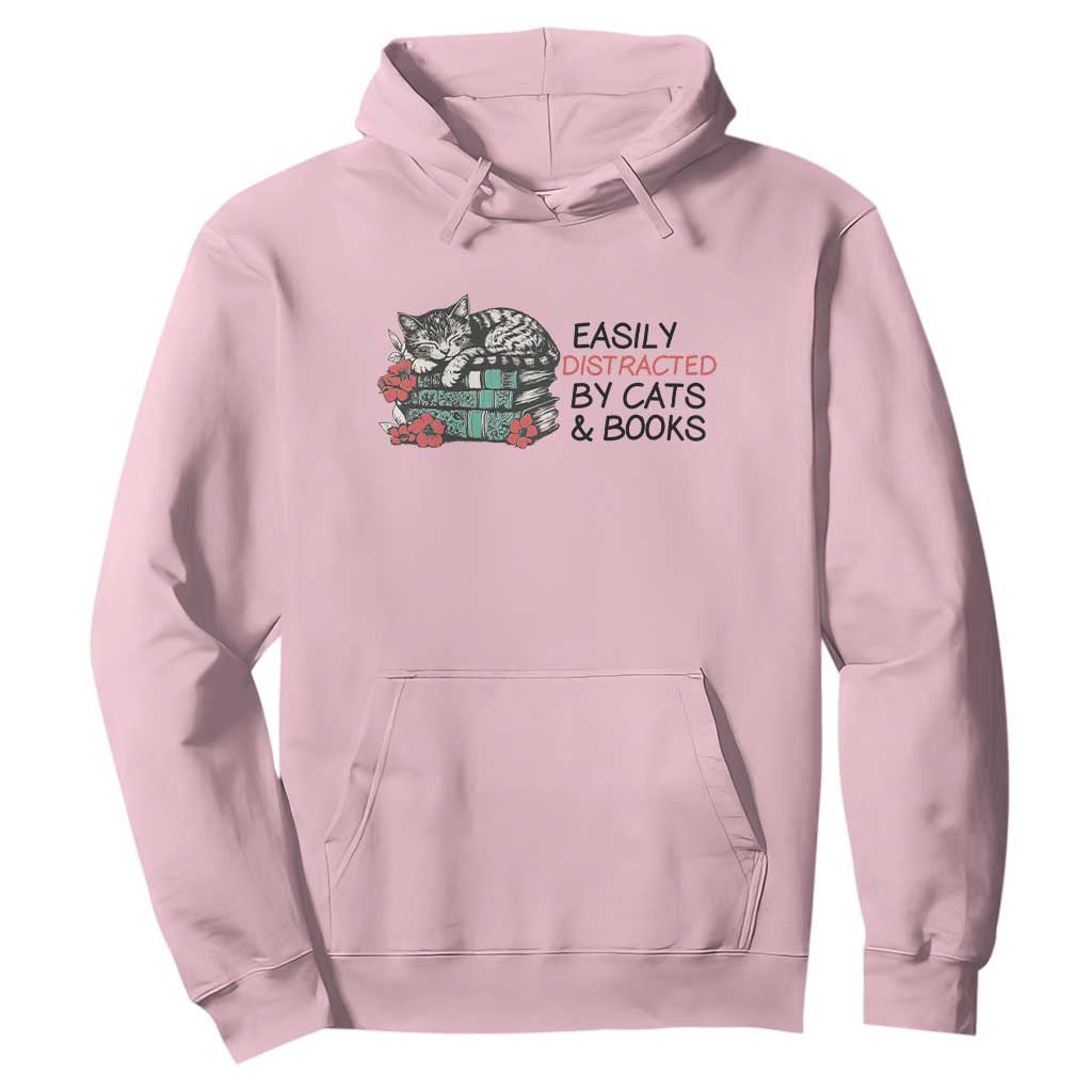 Easily Distracted By Cats And Books Hoodie Lazy Kitty Book Lover TS12 Light Pink Print Your Wear