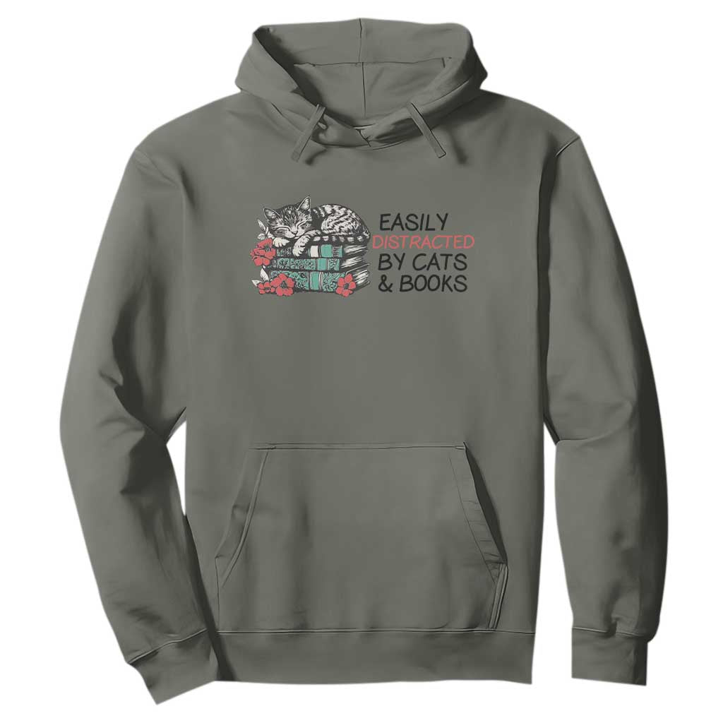 Easily Distracted By Cats And Books Hoodie Lazy Kitty Book Lover TS12 Military Green Print Your Wear
