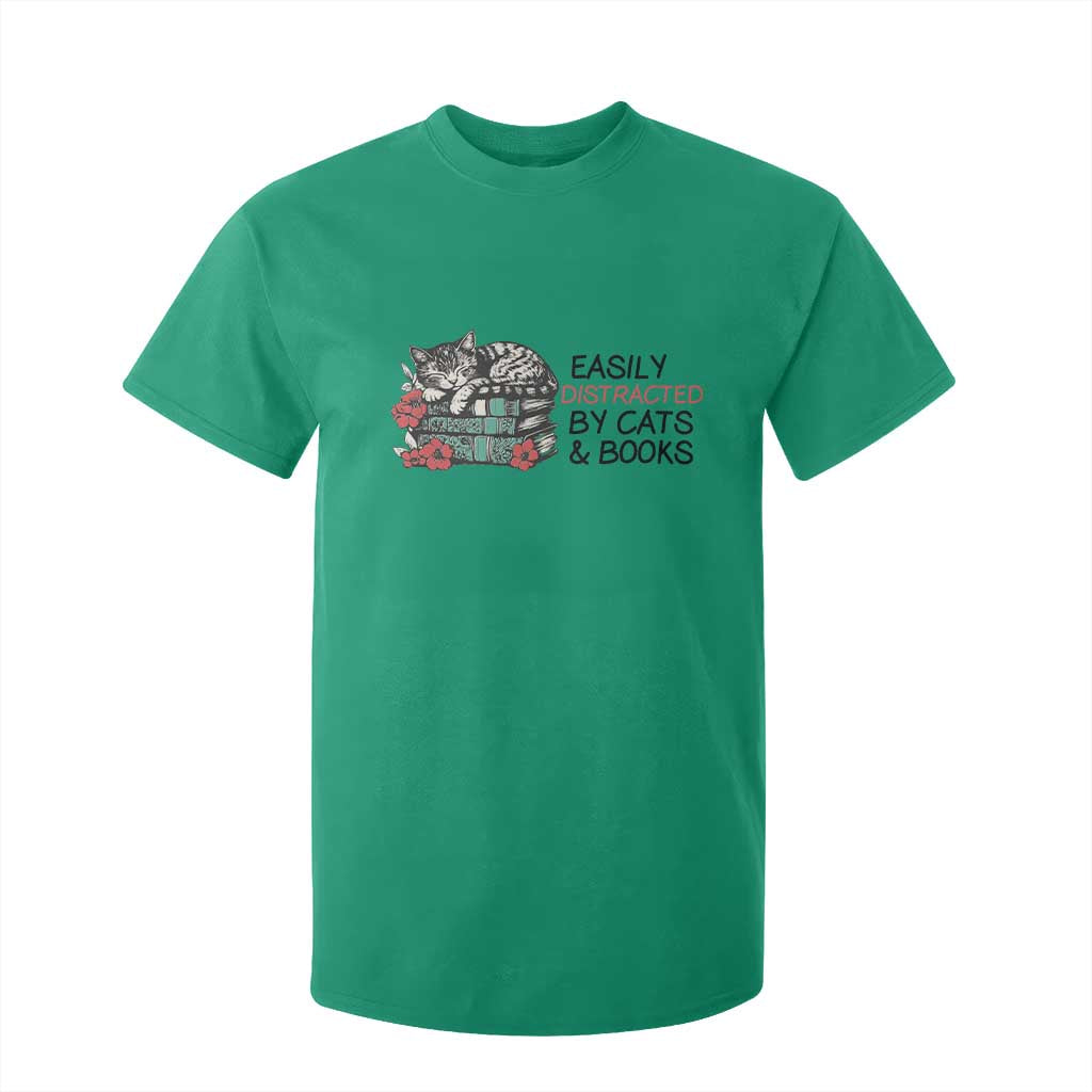 Easily Distracted By Cats And Books T Shirt For Kid Lazy Kitty Book Lover TS12 Irish Green Print Your Wear