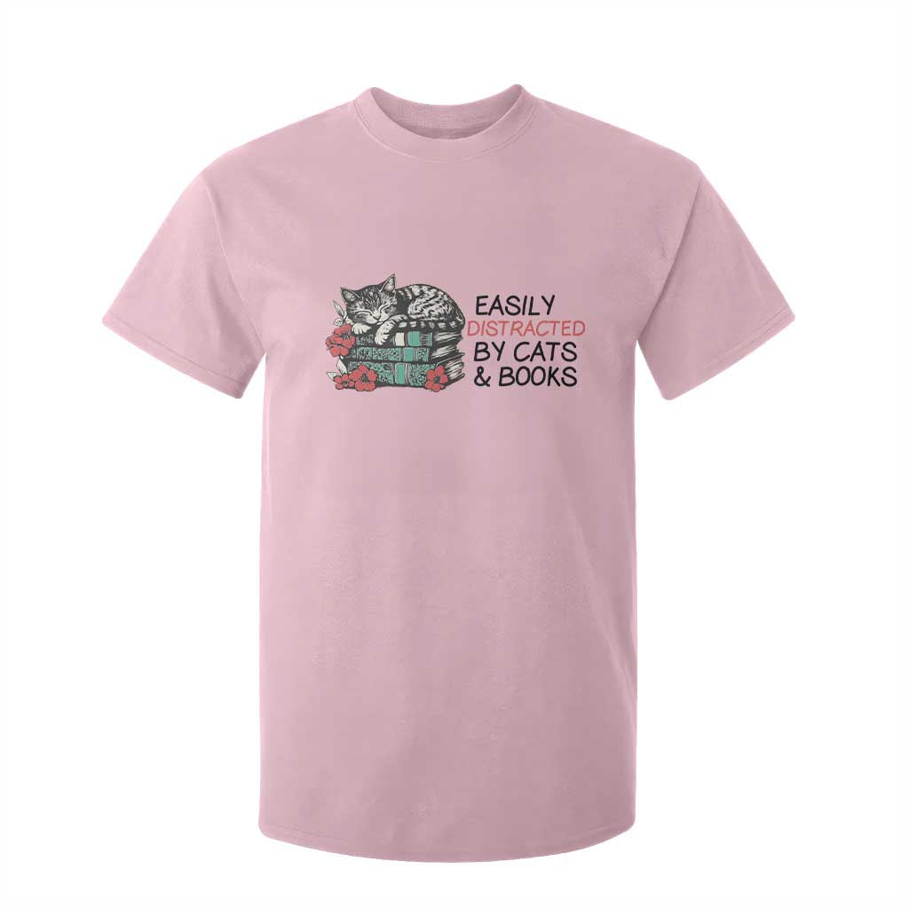 Easily Distracted By Cats And Books T Shirt For Kid Lazy Kitty Book Lover TS12 Light Pink Print Your Wear