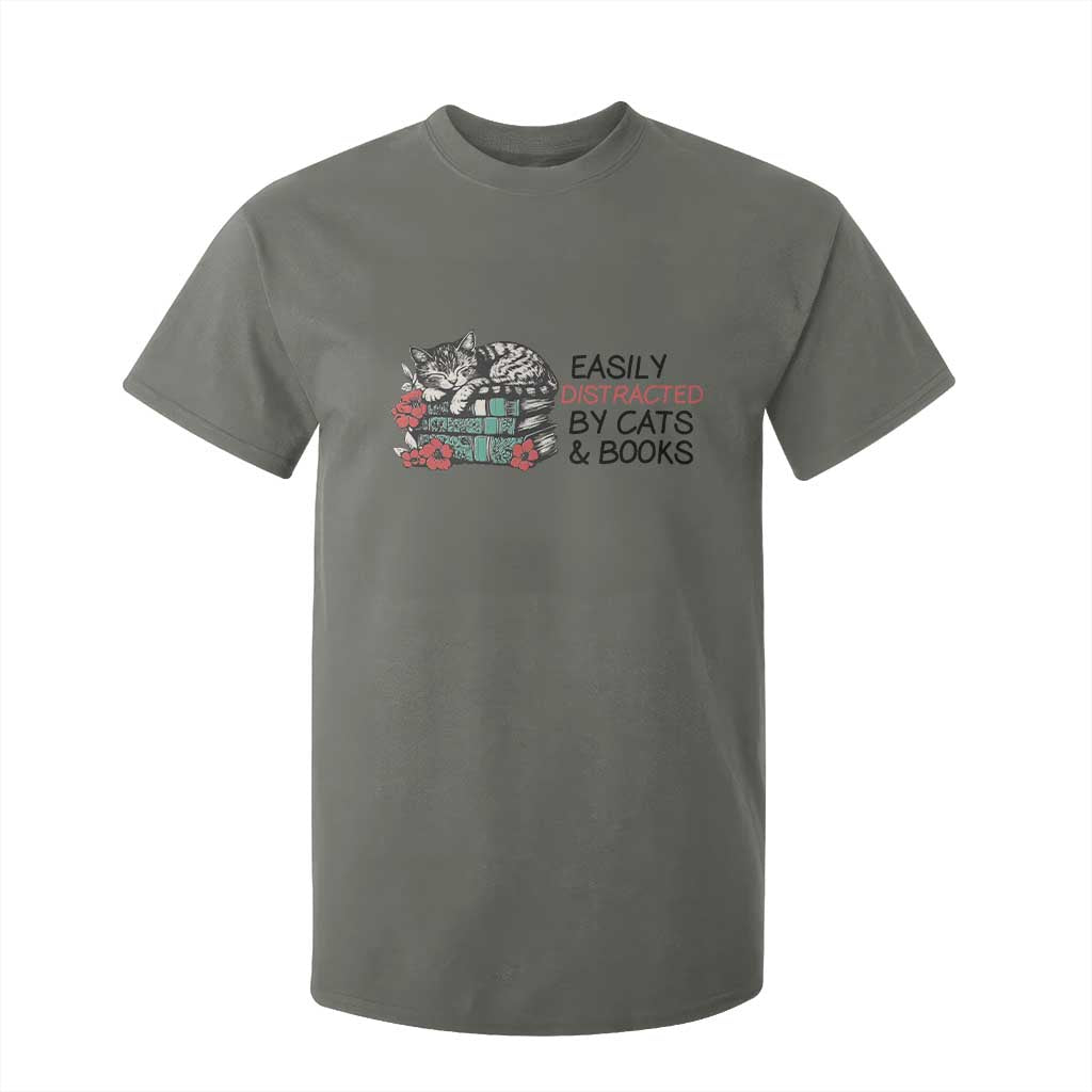 Easily Distracted By Cats And Books T Shirt For Kid Lazy Kitty Book Lover TS12 Military Green Print Your Wear