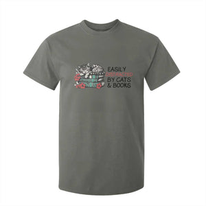 Easily Distracted By Cats And Books T Shirt For Kid Lazy Kitty Book Lover TS12 Military Green Print Your Wear