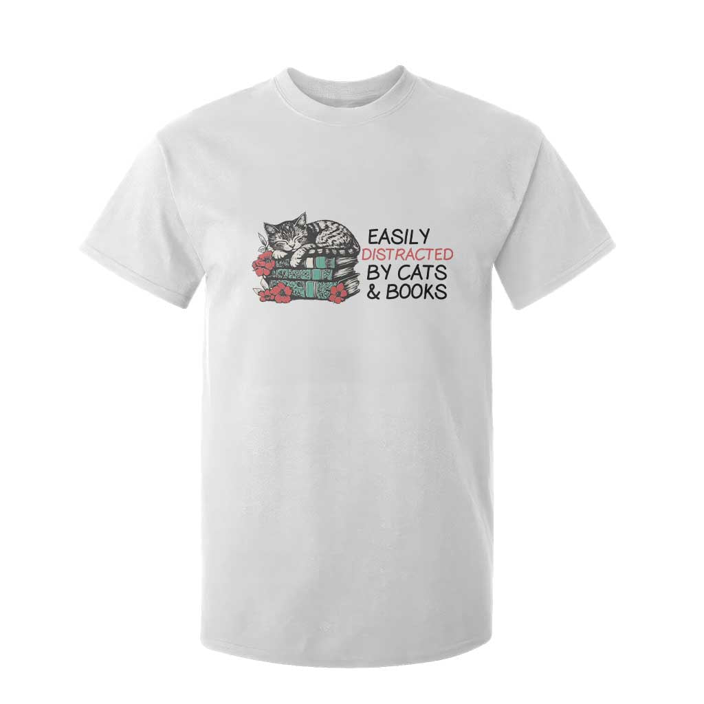 Easily Distracted By Cats And Books T Shirt For Kid Lazy Kitty Book Lover TS12 White Print Your Wear