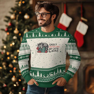 Easily Distracted By Cats And Books Ugly Christmas Sweater Lazy Kitty Book Lover TS12 Beige Green Print Your Wear