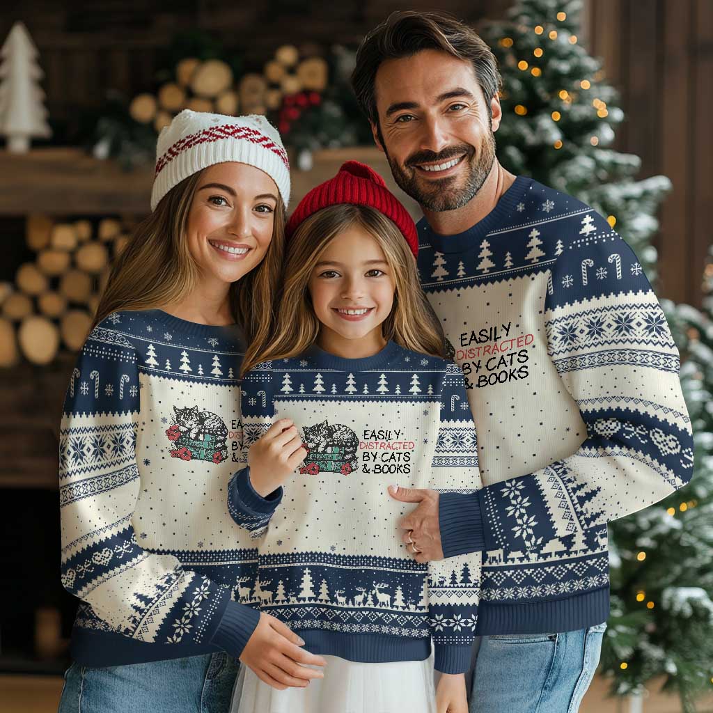 Easily Distracted By Cats And Books Ugly Christmas Sweater Lazy Kitty Book Lover TS12 Beige Navy Print Your Wear