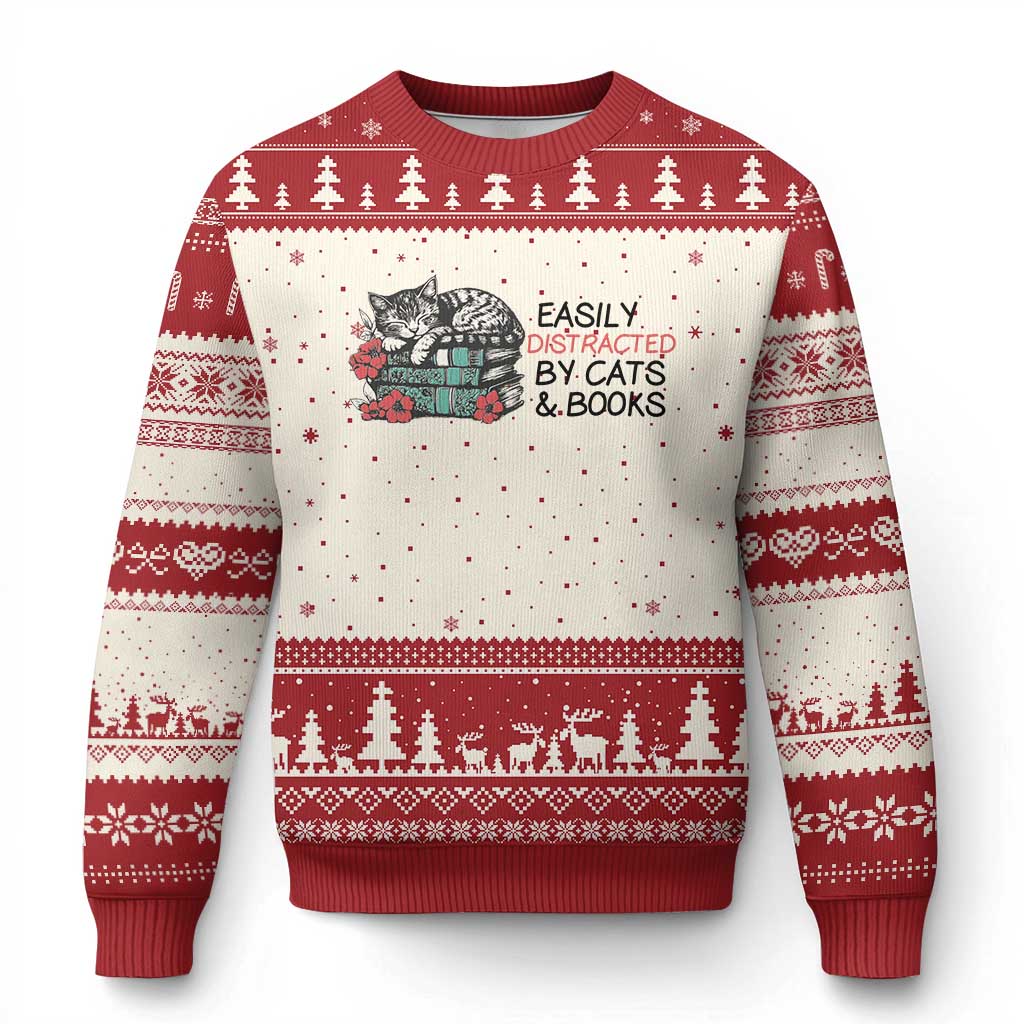Easily Distracted By Cats And Books Ugly Christmas Sweater Lazy Kitty Book Lover TS12 Beige Red Print Your Wear