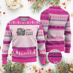 Easily Distracted By Cats And Books Ugly Christmas Sweater Lazy Kitty Book Lover TS12 Hot Pink Print Your Wear