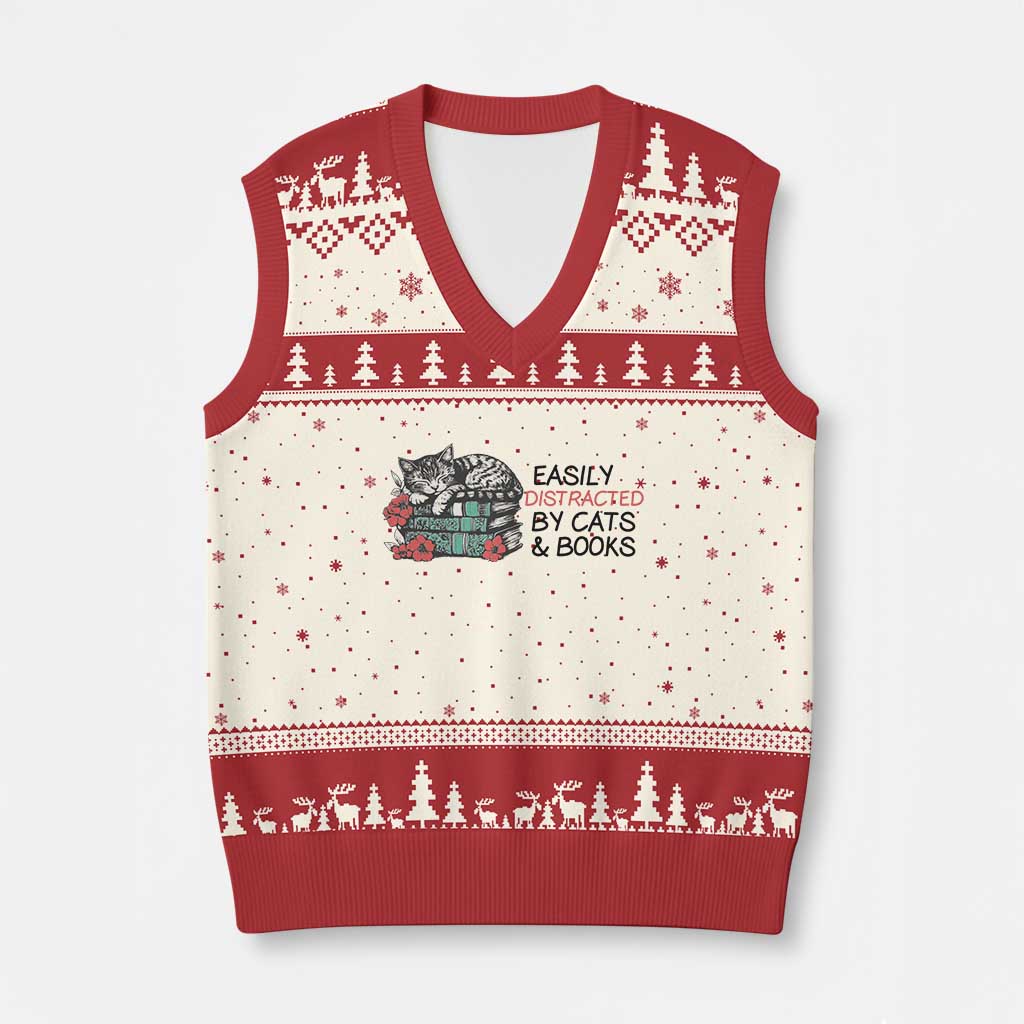 Easily Distracted By Cats And Books V-Neck Knit Sweater Vest Lazy Kitty Book Lover TS12 Beige Red Print Your Wear