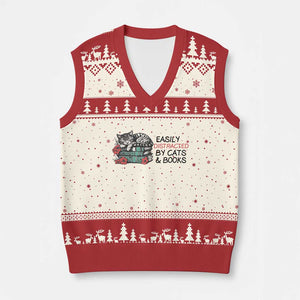 Easily Distracted By Cats And Books V-Neck Knit Sweater Vest Lazy Kitty Book Lover TS12 Beige Red Print Your Wear