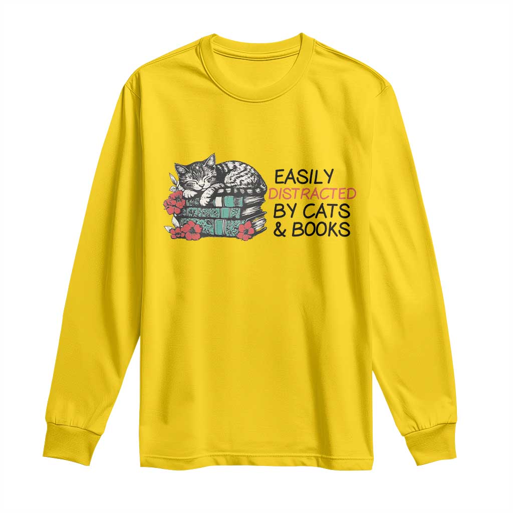 Easily Distracted By Cats And Books Long Sleeve Shirt Lazy Kitty Book Lover TS12 Daisy Print Your Wear