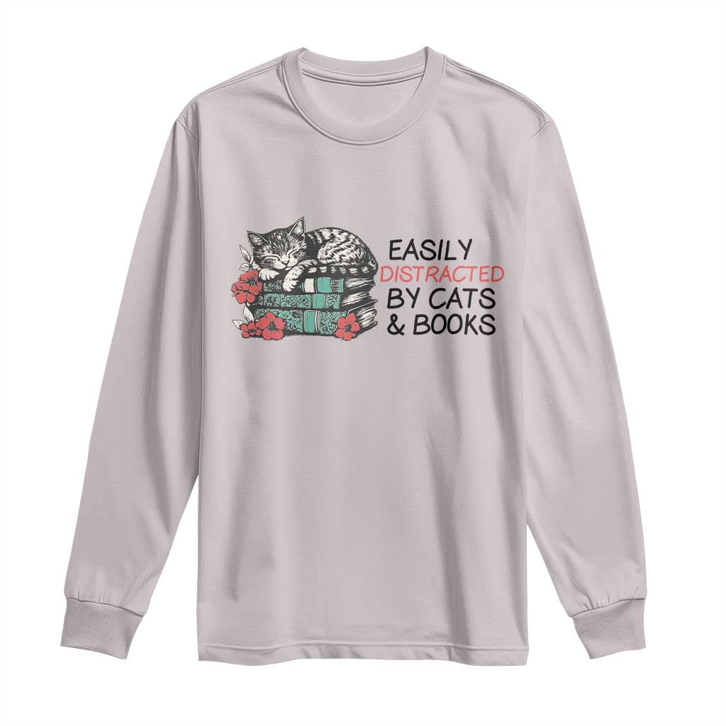 Easily Distracted By Cats And Books Long Sleeve Shirt Lazy Kitty Book Lover TS12 Ice Gray Print Your Wear