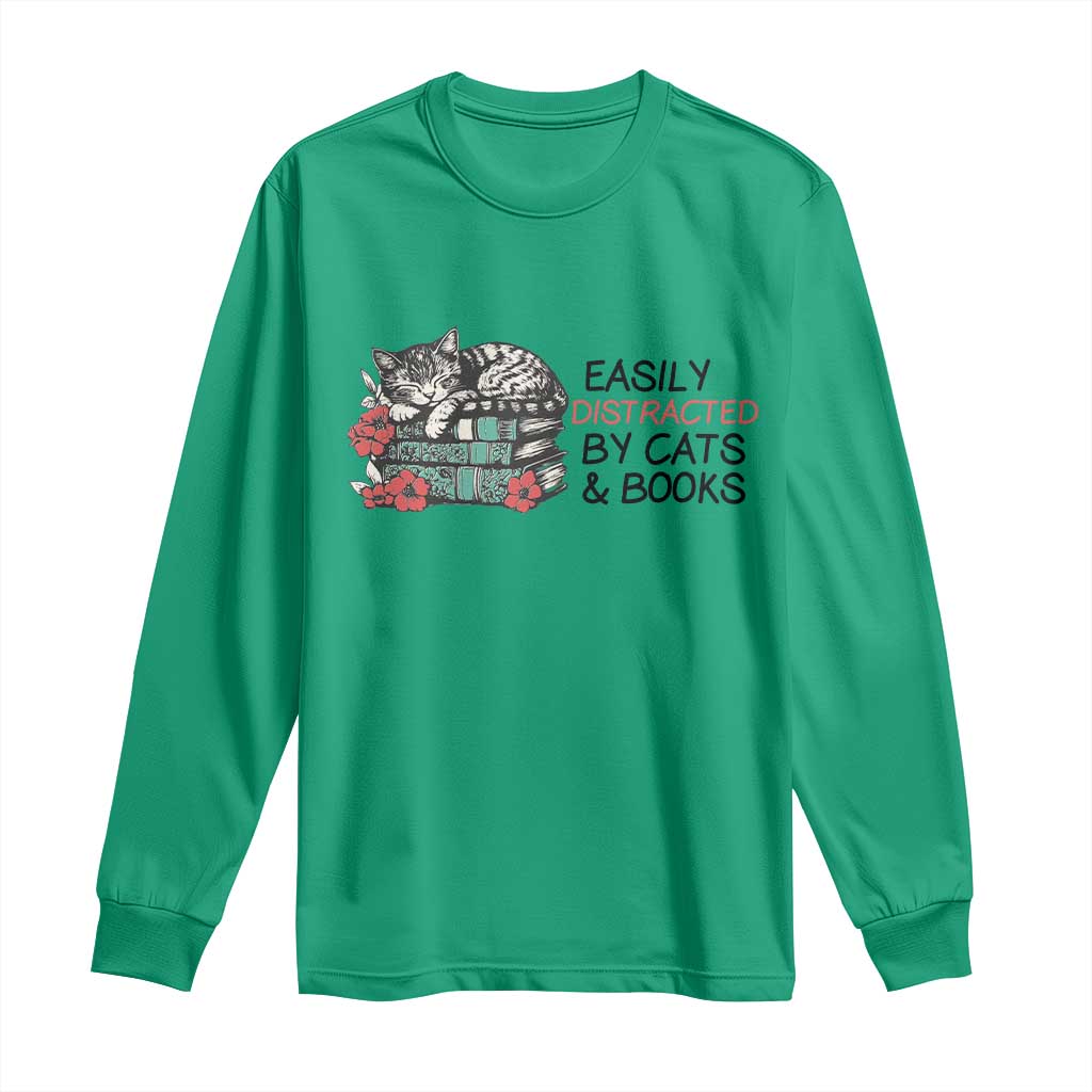 Easily Distracted By Cats And Books Long Sleeve Shirt Lazy Kitty Book Lover TS12 Irish Green Print Your Wear