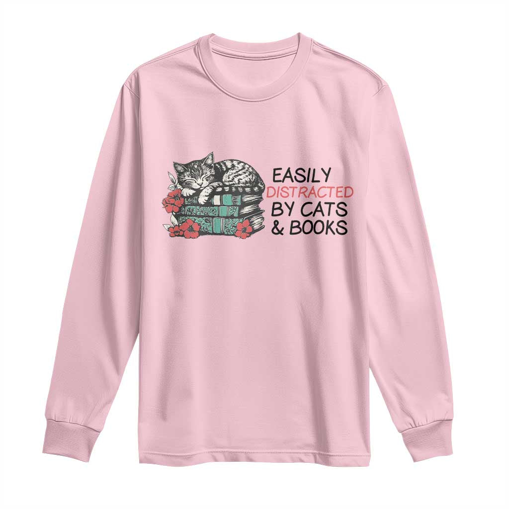Easily Distracted By Cats And Books Long Sleeve Shirt Lazy Kitty Book Lover TS12 Light Pink Print Your Wear