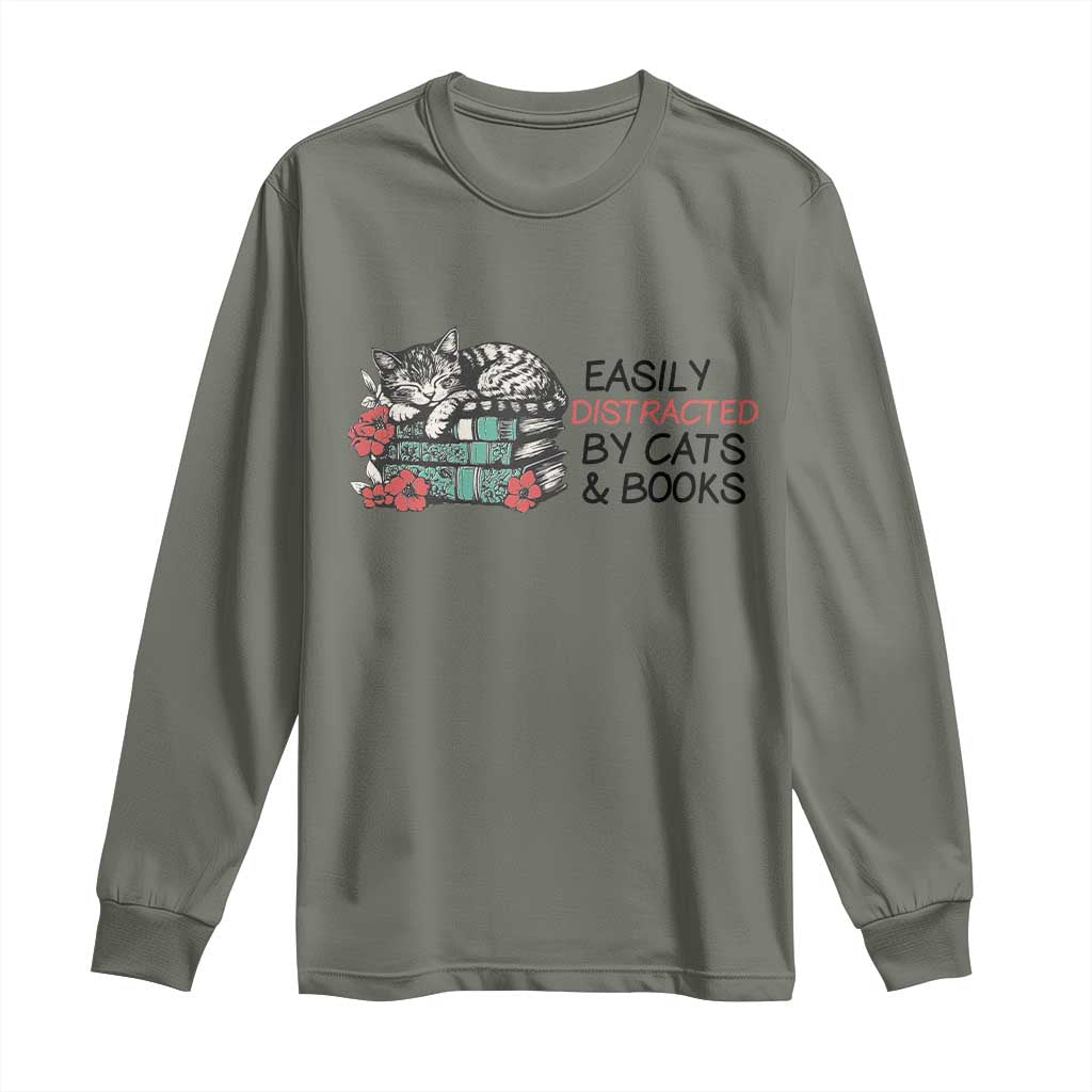 Easily Distracted By Cats And Books Long Sleeve Shirt Lazy Kitty Book Lover TS12 Military Green Print Your Wear