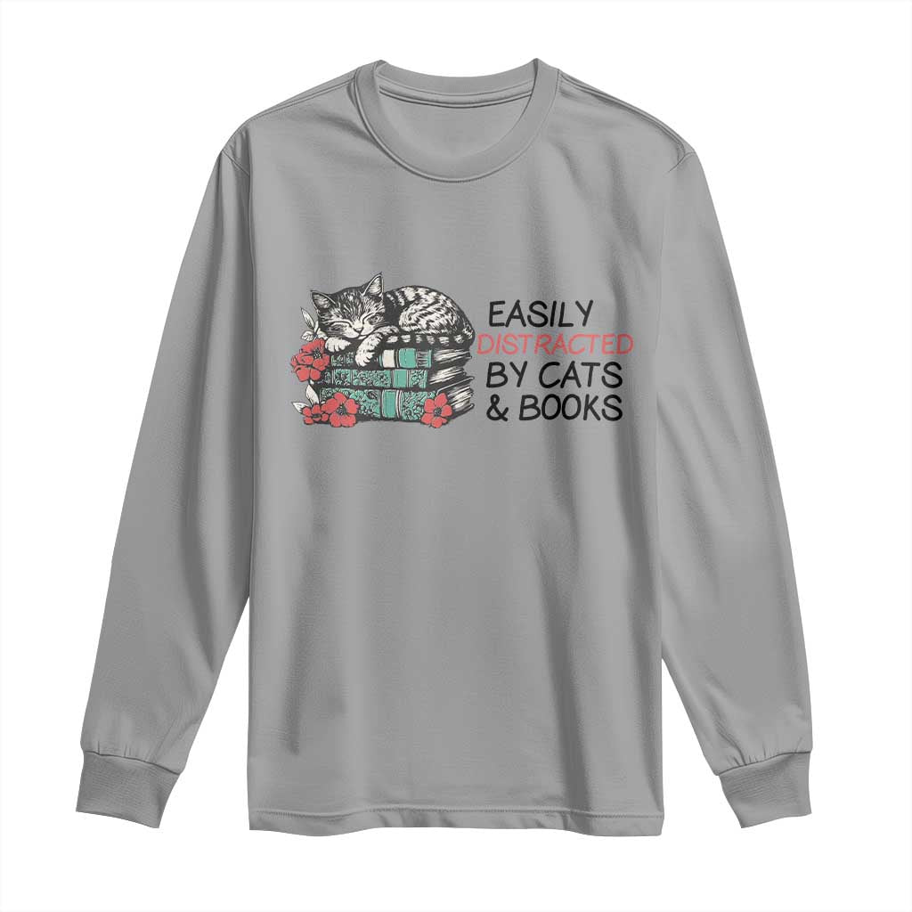 Easily Distracted By Cats And Books Long Sleeve Shirt Lazy Kitty Book Lover TS12 Sport Gray Print Your Wear